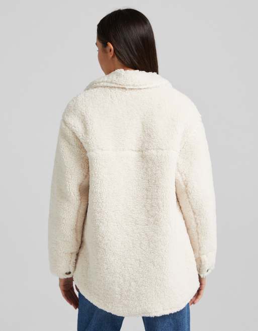 Bershka pocket detail borg shacket in ecru, 2 of 4