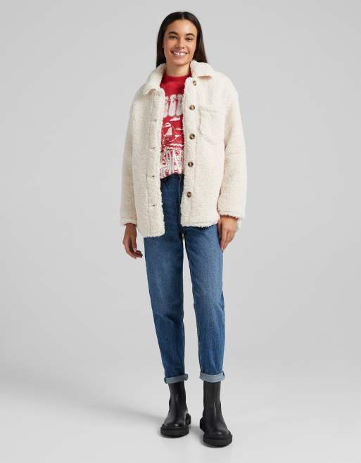 Bershka pocket detail borg shacket in ecru, 3 of 4