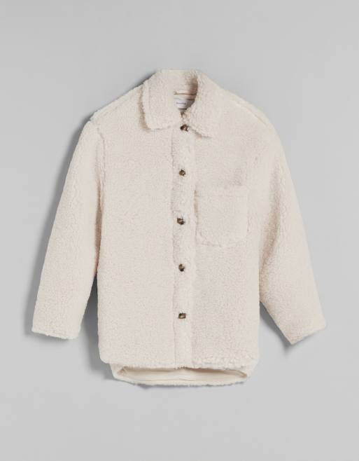 Bershka pocket detail borg shacket in ecru, 4 of 4