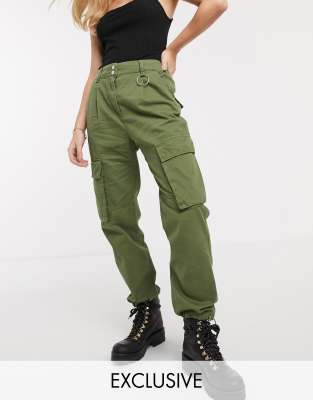 Bershka pocket detail cargo trousers in khaki | ASOS