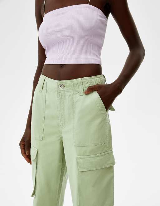 Dark Khaki Twill Pocket Detail High Waisted Cargo Pants