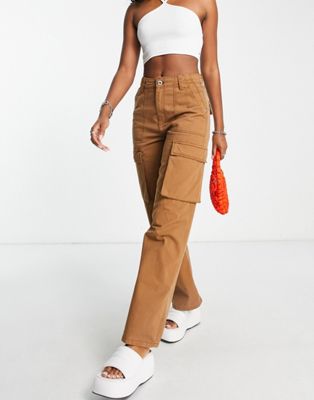 Bershka pocket detail chino cargo trouser in brown | ASOS