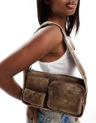 Bershka pocket detail faux leather shoulder bag in washed brown