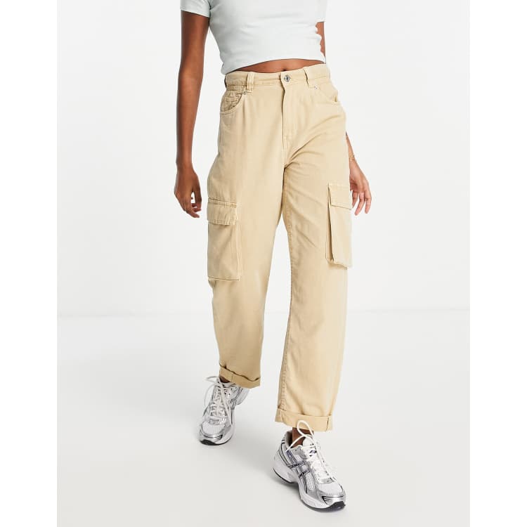 Bershka cotton wide leg cargo pants in beige - TAN, ASOS