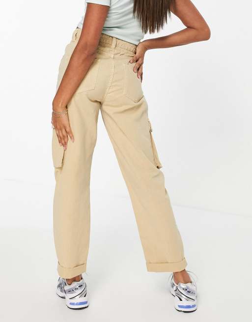 Bershka cotton wide leg cargo pants in beige - TAN, ASOS