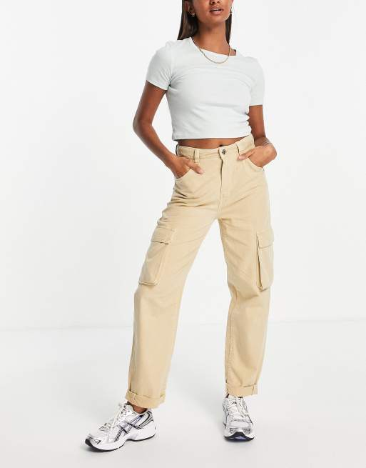 Bershka Petite pocket detail slim leg cargo pants in light beige