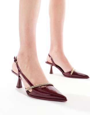 pointed chain detail heeled pumps in burgundy-Red