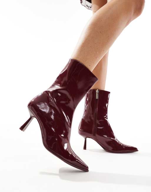 Bershka pointed heeled boots in burgundy ASOS