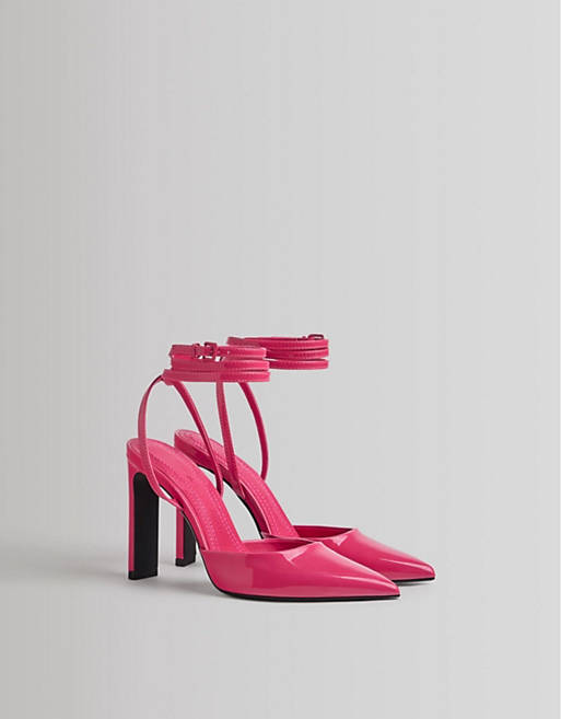 Women Heels/Bershka pointed patent heeled shoes with wraparound tie detail in hot pink 