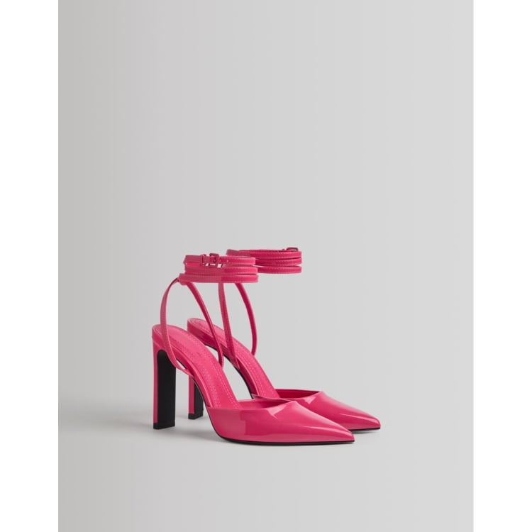 Bershka pointed patent heeled shoes with wraparound tie detail in hot pink