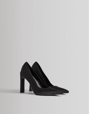 Bershka pointed sporty heeled court shoes in black satin
