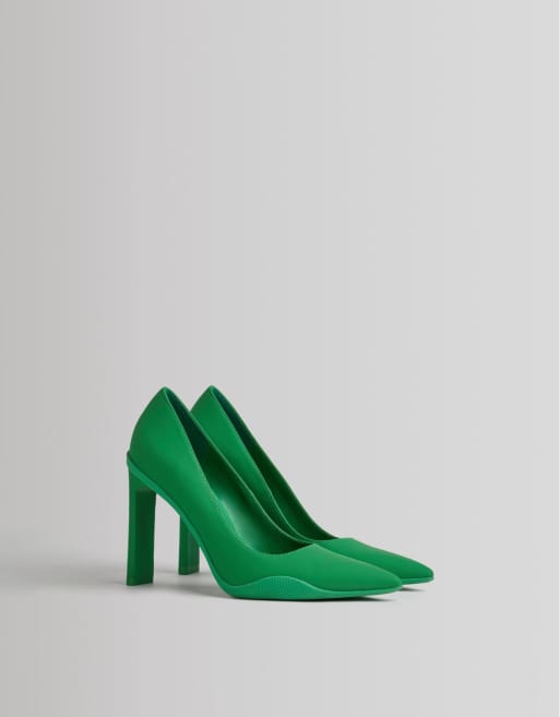 Bershka pointed sporty heeled court shoes in green satin