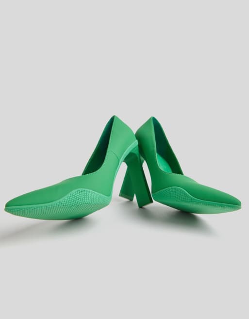 Bershka pointed sporty heeled court shoes in green satin