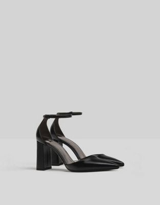 Bershka pointed toe heeled shoes with ankle strap in black