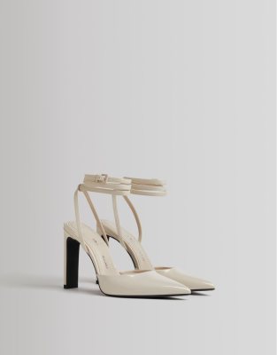 Bershka pointed toe heeled shoes with ankle strap in ecru