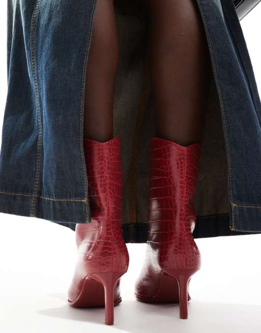 Bershka pointed toe kitten heeled ankle boots in red ASOS