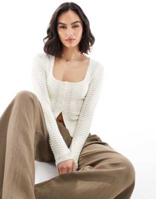 pointelle knit cardigan in ecru-Neutral