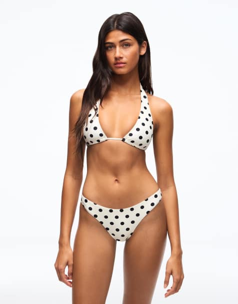 Bershka Polka dot halter bikini top in ecru - view 1