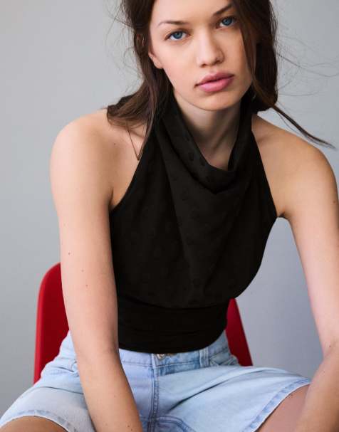 Bershka Polka dot jacquard top in black