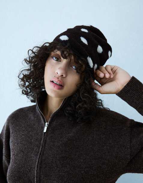 Bershka Polka dot knit beanie in brown - view 1
