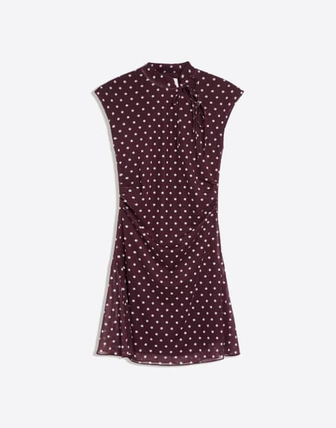 Bershka polka dot print tulle mini dress in burgundy - view 1