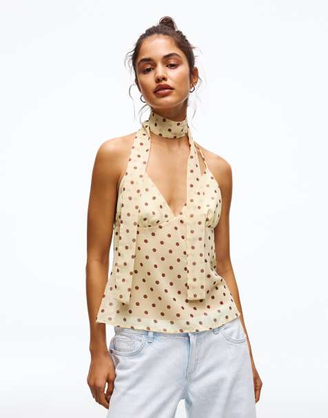 Bershka Polka dot scarf strap top in yellow - view 1