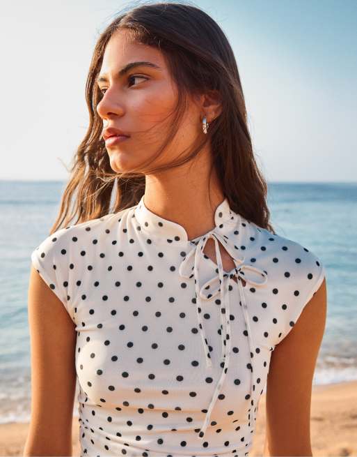 Bershka polka dot tulle mini dress in ecru, 2 of 5