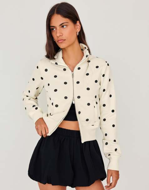 Bershka Polka dot zip-up sweatshirt in ecru - view 1