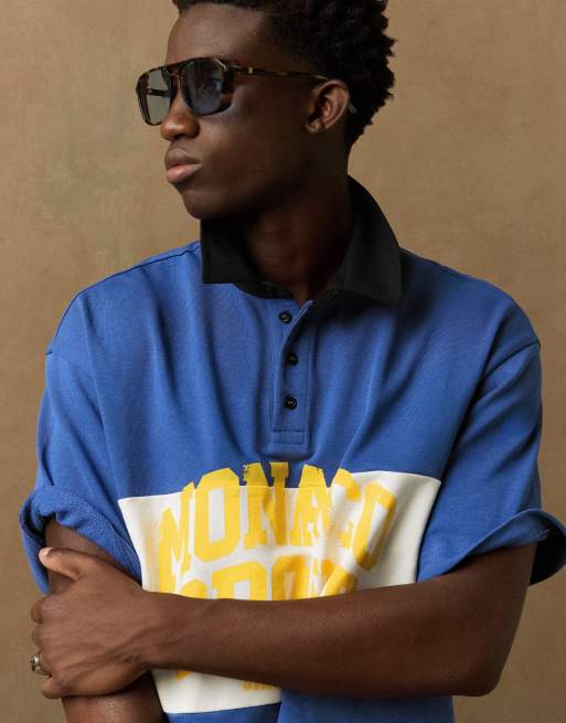 Bershka polo à manches courtes imprimé bleu denim, 4 de 5