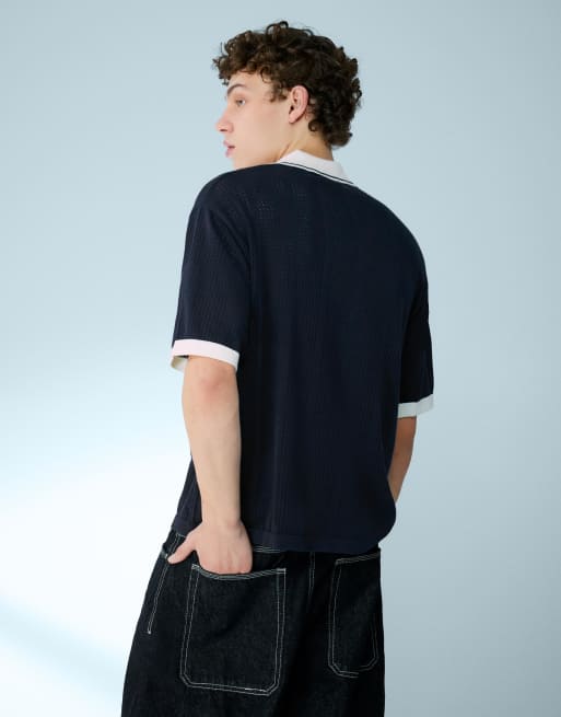 Bershka - Polo a maniche corte blu con stampa, 4 di 4