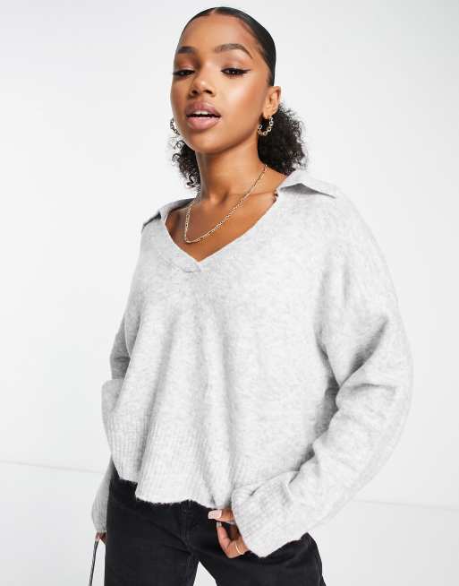 Bershka polo collar detail oversized jumper in grey ASOS