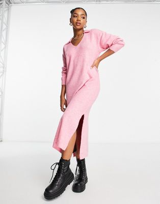 Bershka polo collar knitted midi dress in pink