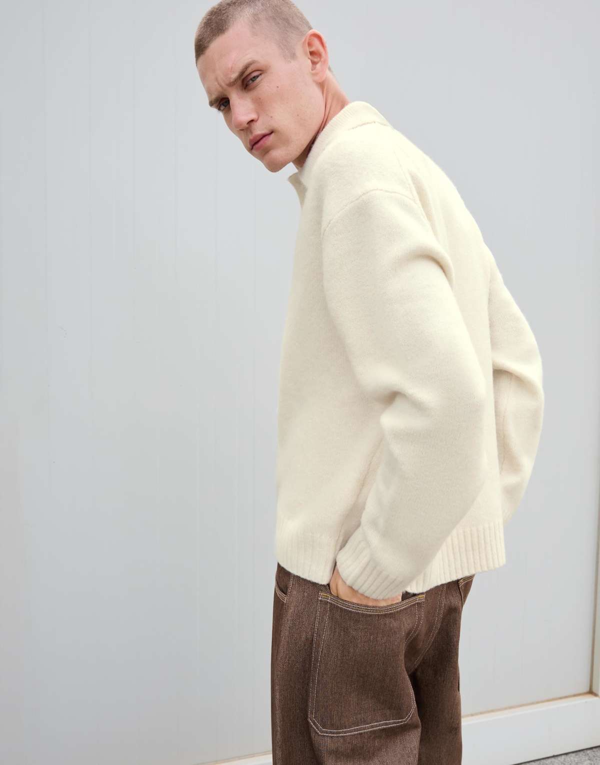 Bershka Polo collar sweater in beige