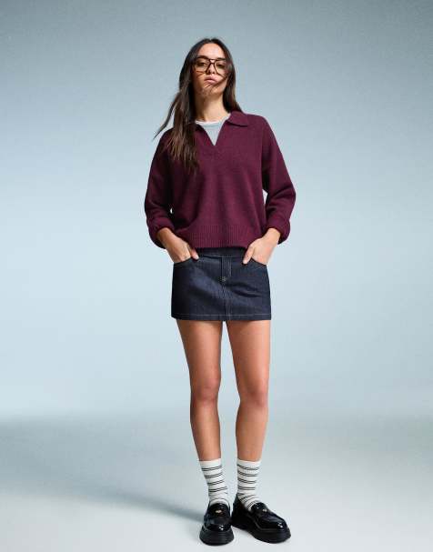 Bershka Polo collar sweater in burgundy - view 1