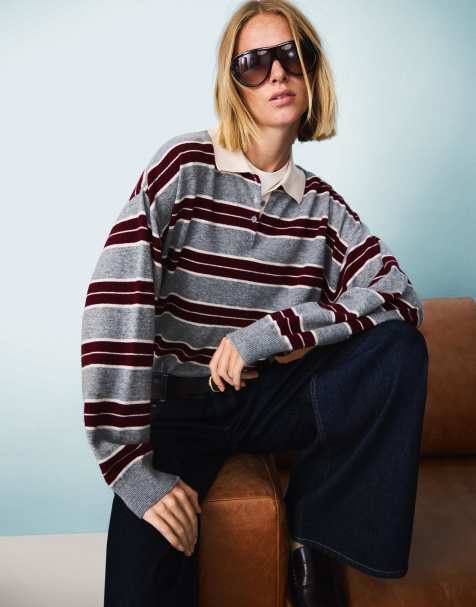 Bershka Polo collar sweater in burgundy