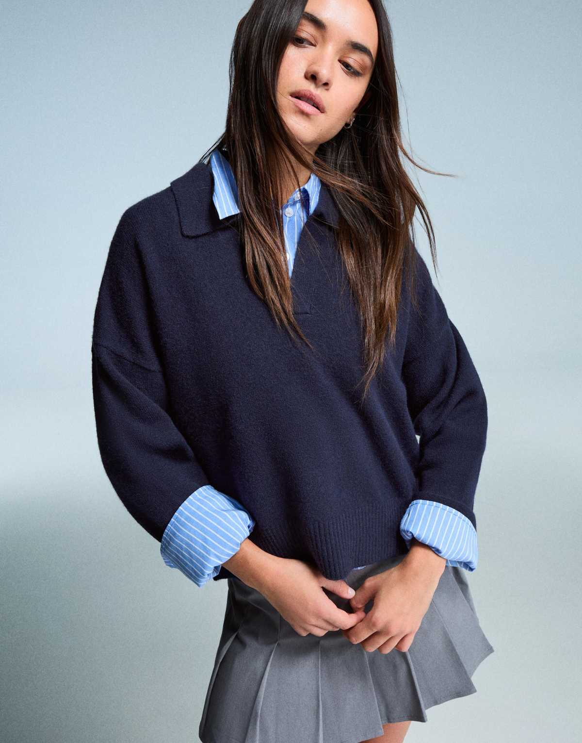 Bershka Polo collar sweater in denim blue