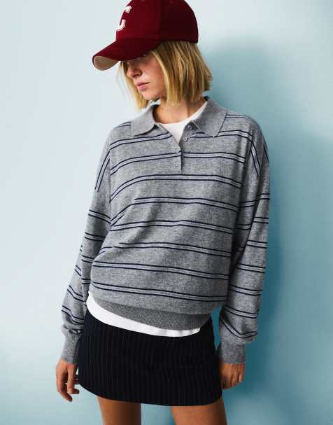 Bershka Polo collar sweater in grey