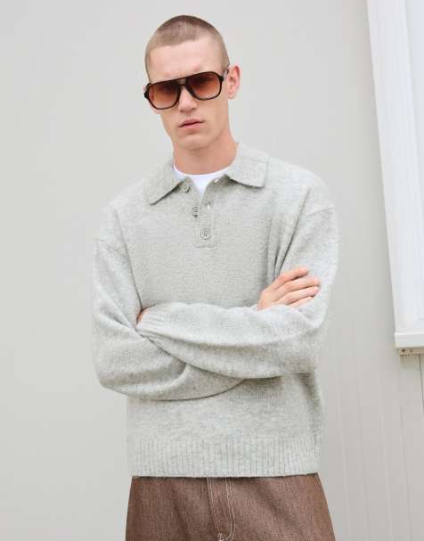 Bershka Polo collar sweater in light grey - view 1