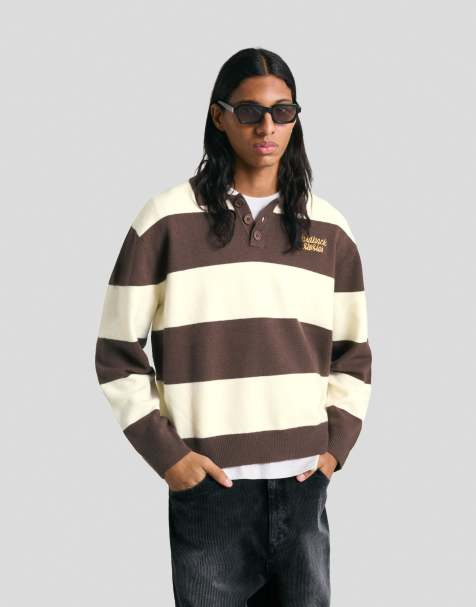 Bershka Polo collar sweater with stripes in brown - view 1