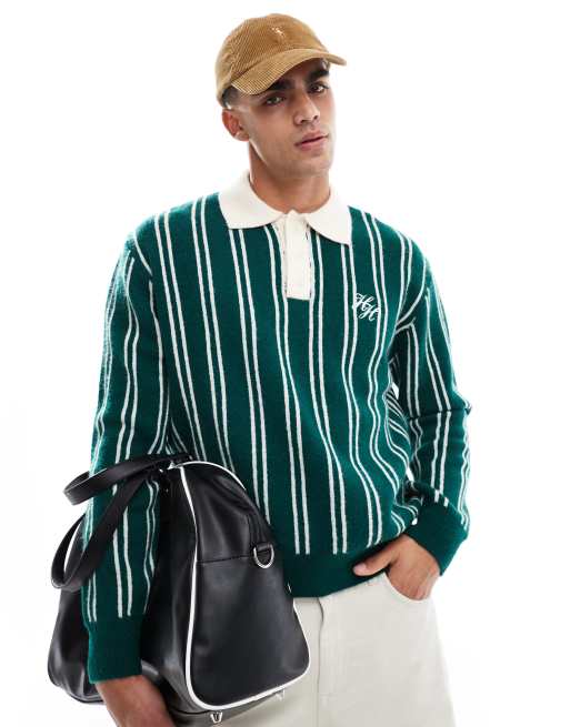 Bershka - Polo en maille à rayures - Vert