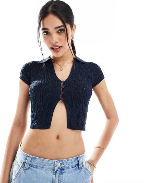 Bershka - Polo en maille crochetée - Bleu marine - view 1