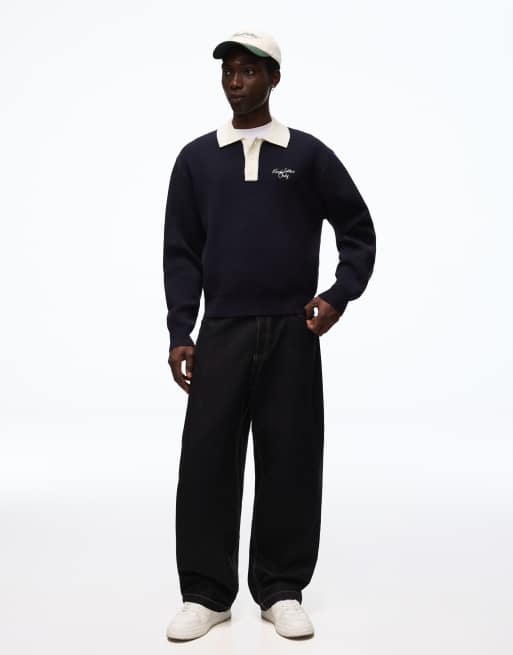 Bershka - Polo in maglia blu ricamata, 6 di 6
