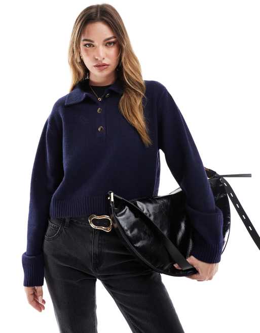 Bershka polo knitted sweater in navy