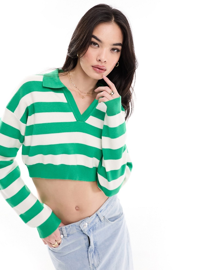 Bershka polo neck jumper in green & white stripe-Multi