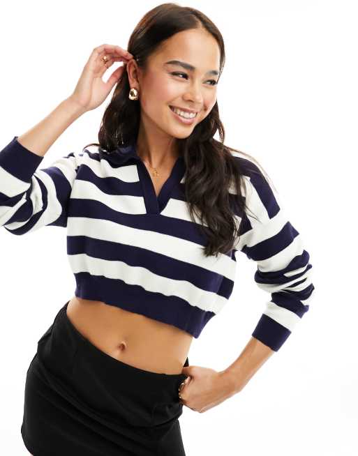 Bershka polo neck sweater in navy & white stripe