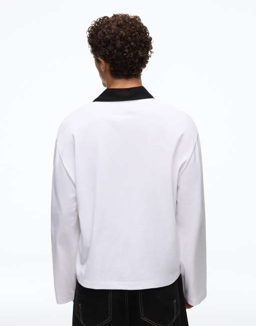 Bershka polo shirt boxy a maniche lunghe bianca, 4 di 6