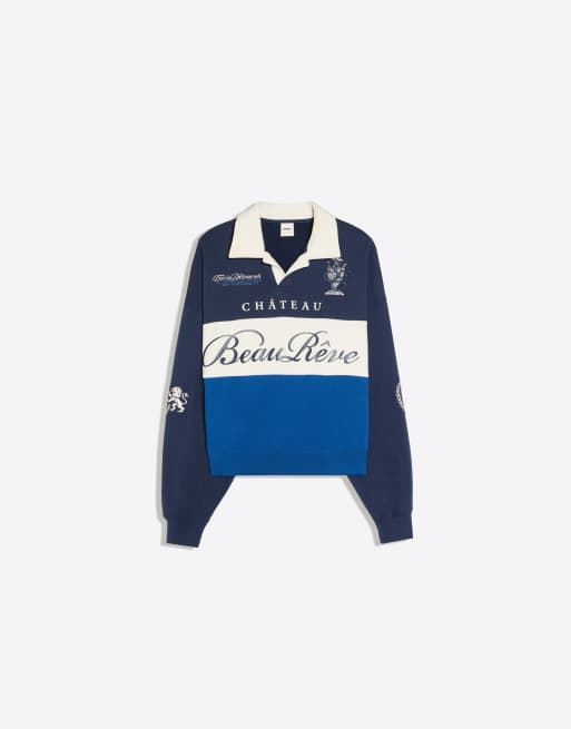 Bershka polo shirt med kontrastkrave og print i denimblå, 5 af 6