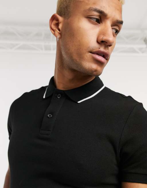 Bershka polo shirt with collar detail in black