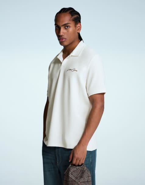 Bershka - Polo structuré à manches courtes et broderies - Blanc - view 1