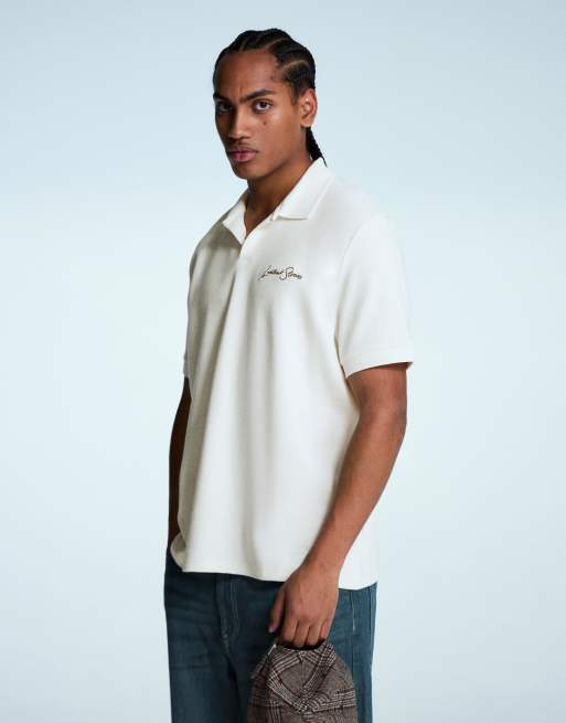Bershka - Polo structuré à manches courtes et broderies - Blanc, 4 de 4